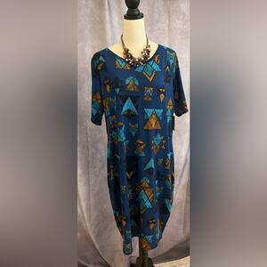 LuLaRoe Women's Geometric Design Blue Good and Black Knee Length Dress Size 3XL